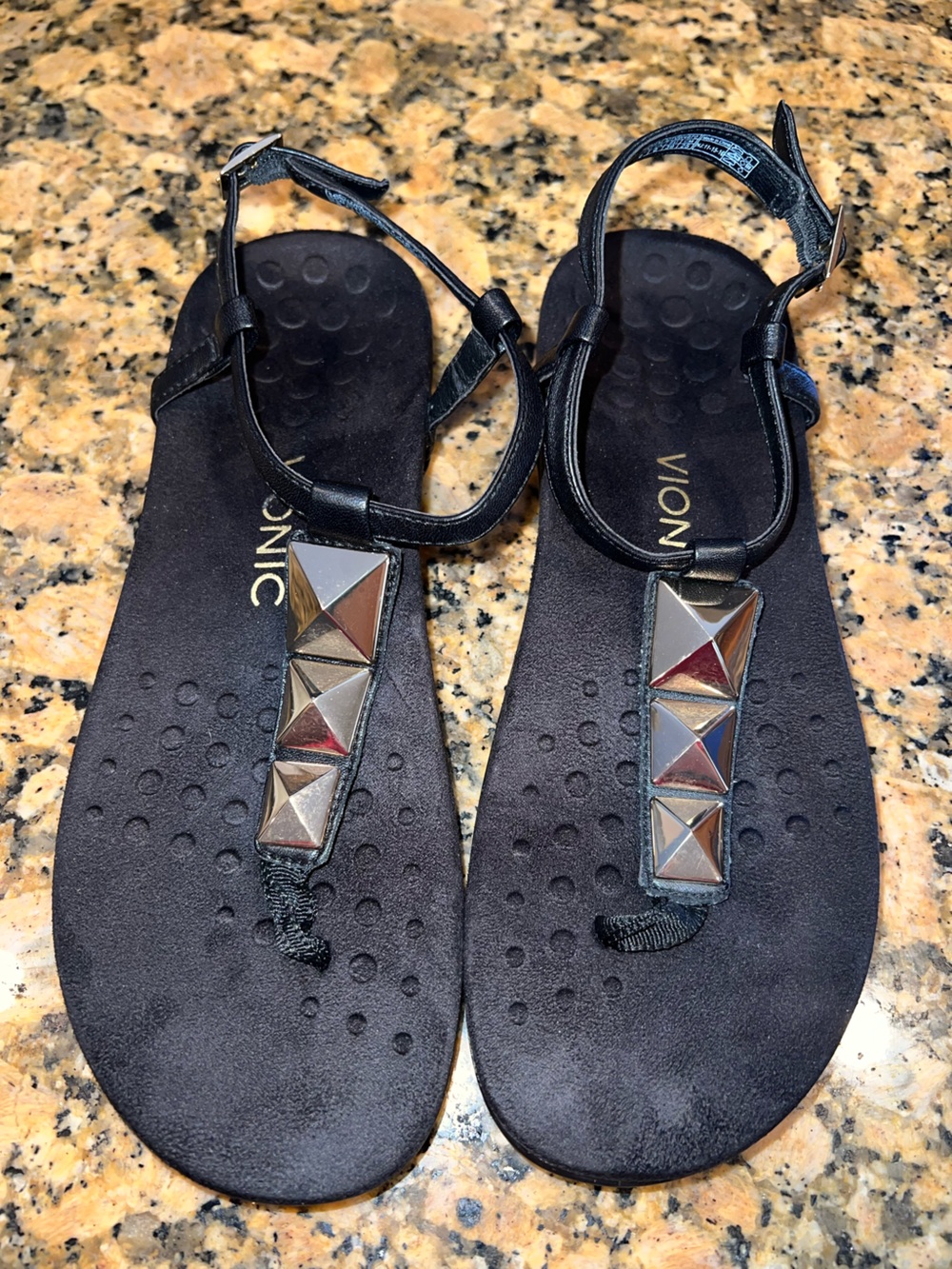 Vionic Black T-Strap Sandals with Metallic Pyramid Studs